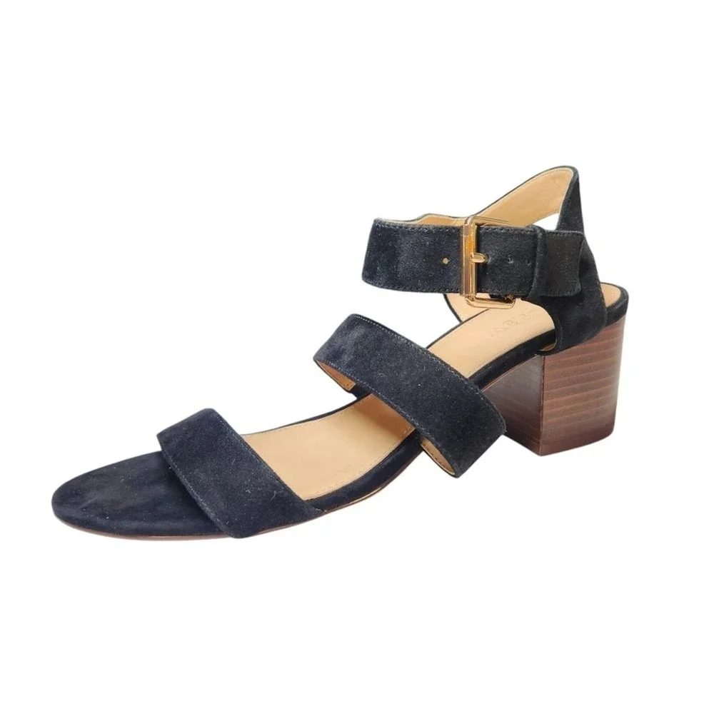 J Crew Three Strap‎ Suede Sandal Block Heel Black Ankle Strap Gold Buckle Prep 9